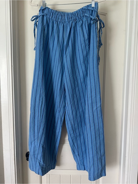 Free People Pants - NWT free people Sun Dazed Cotton Linen Striped Pants M Cobalt Waist Ties